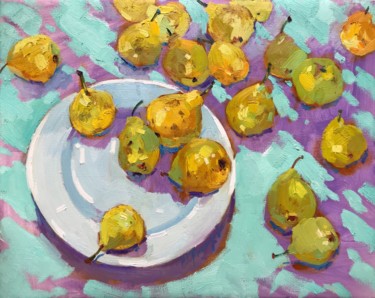 Painting titled "Pears" by Yuliia Pastukhova, Original Artwork, Oil Mounted on Wood Stretcher frame