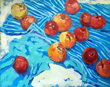 Painting titled "Apples" by Yuliia Pastukhova, Original Artwork, Oil Mounted on Wood Stretcher frame