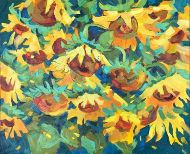 Painting titled "Sunflowers" by Yuliia Pastukhova, Original Artwork, Oil Mounted on Wood Stretcher frame