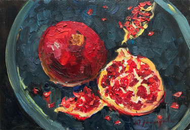 Painting titled "Pomegranate on black" by Yuliia Pastukhova, Original Artwork, Oil Mounted on Wood Stretcher frame