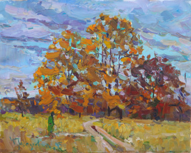 Painting titled "Gold autumn" by Yuliia Pastukhova, Original Artwork, Oil Mounted on Wood Stretcher frame
