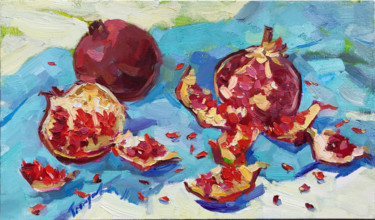 Painting titled "Pomegranate on blue" by Yuliia Pastukhova, Original Artwork, Oil Mounted on Wood Stretcher frame