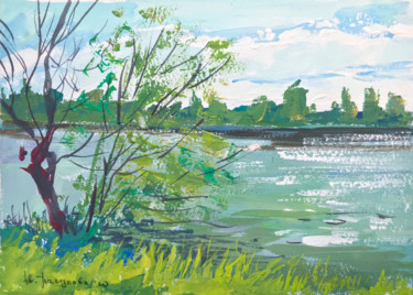 Painting titled "By the river" by Yuliia Pastukhova, Original Artwork, Gouache
