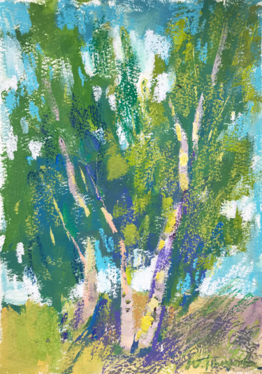 Painting titled "Two birch trees" by Yuliia Pastukhova, Original Artwork, Gouache