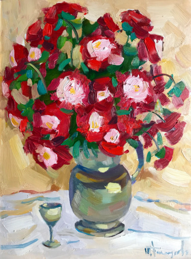 Painting titled "Red asters" by Yuliia Pastukhova, Original Artwork, Oil