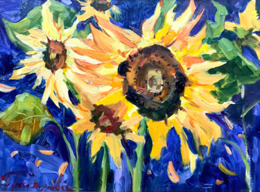 Painting titled "Sunflower" by Yuliia Pastukhova, Original Artwork, Oil Mounted on Wood Stretcher frame