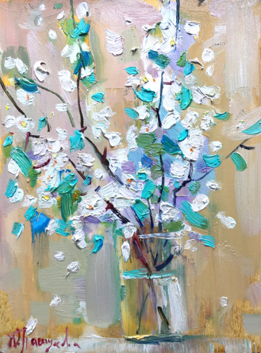 Painting titled "Cherry blossom in a…" by Yuliia Pastukhova, Original Artwork, Oil