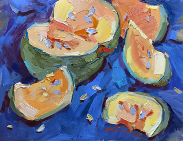 Painting titled "PUMPKIN ON BLUE" by Yuliia Pastukhova, Original Artwork, Oil