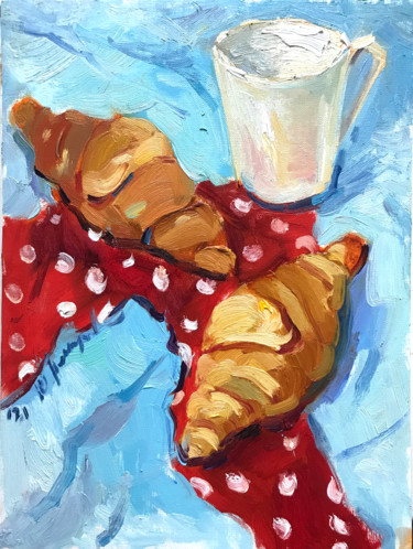 Картина под названием "croissants with tea" - Yuliia Pastukhova, Подлинное произведение искусства, Масло