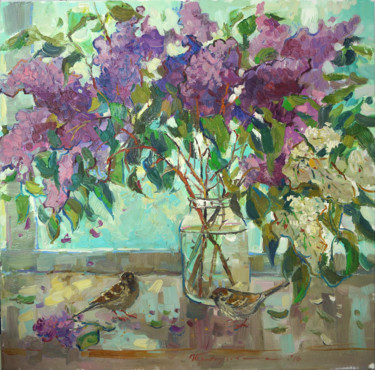 Painting titled "Spring guests" by Yuliia Pastukhova, Original Artwork, Oil Mounted on Wood Stretcher frame