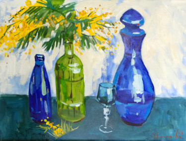 Painting titled "mimosa and blue dec…" by Yuliia Pastukhova, Original Artwork, Oil