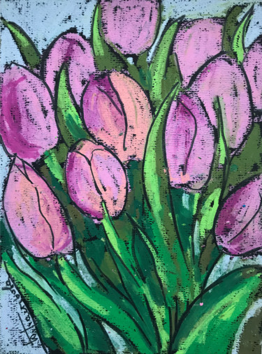 Peinture intitulée "Pink tulips flowers…" par Yuliia Pastukhova, Œuvre d'art originale, Pastel