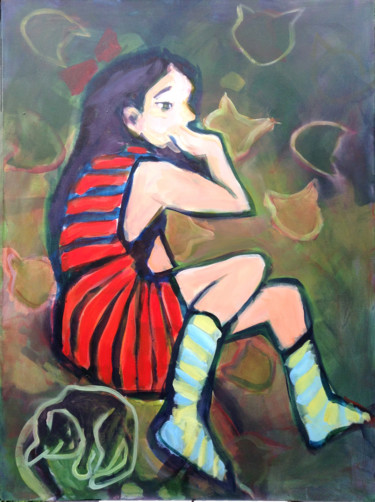 Malarstwo zatytułowany „Rêves de chat” autorstwa Patdumez, Oryginalna praca, Akryl Zamontowany na Drewniana rama noszy