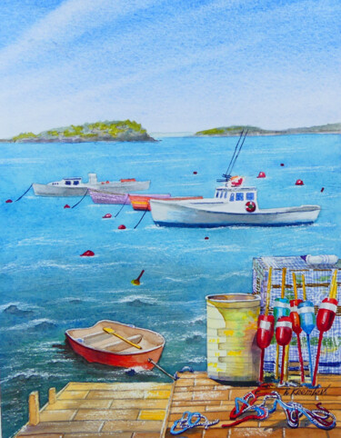 Painting titled "Boats of Maine" by Tatiana Kremlev (Chvetsova), Original Artwork, Watercolor Mounted on Cardboard