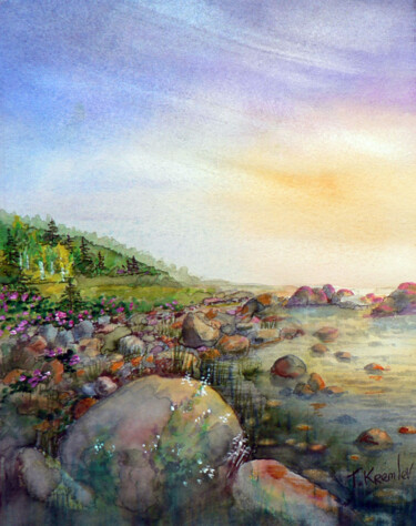 Картина под названием "Sunset with the Roc…" - Tatiana Kremlev (Chvetsova), Подлинное произведение искусства, Акварель