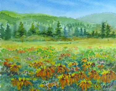 Pintura intitulada "Flower Glade" por Tatiana Kremlev (Chvetsova), Obras de arte originais, Aquarela