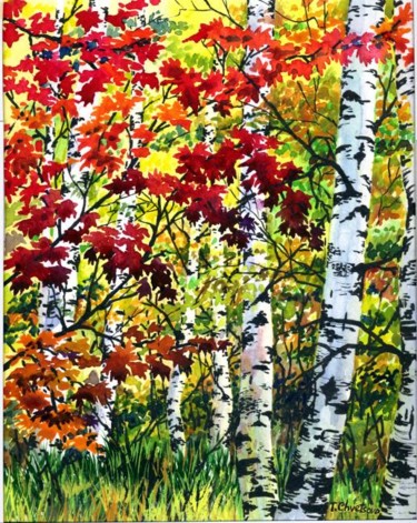 Painting titled "Autumn Birch Grove" by Tatiana Kremlev (Chvetsova), Original Artwork, Other