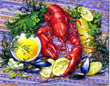 Painting titled "Lobster on Blue" by Tatiana Kremlev (Chvetsova), Original Artwork, Other
