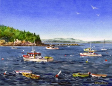 Pittura intitolato "Bar Harbor Boats" da Tatiana Kremlev (Chvetsova), Opera d'arte originale, Olio