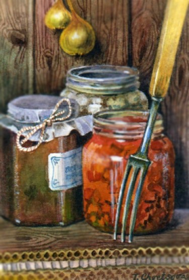 Pintura titulada "Jars and Fork" por Tatiana Kremlev (Chvetsova), Obra de arte original, Oleo