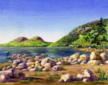 Painting titled "Jordan Pond, Summer" by Tatiana Kremlev (Chvetsova), Original Artwork, Watercolor