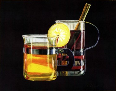Painting titled "Tee whith Lemon" by Tatiana Kremlev (Chvetsova), Original Artwork, Oil