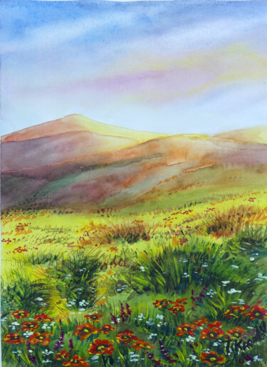 Pintura intitulada "Sunny Field" por Tatiana Kremlev (Chvetsova), Obras de arte originais, Aquarela