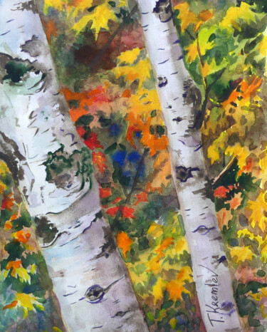 Malarstwo zatytułowany „Autumn Birch Trees” autorstwa Tatiana Kremlev (Chvetsova), Oryginalna praca, Inny
