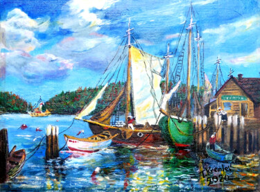 Painting titled "Fisherman's Wharf" by Tatiana Kremlev (Chvetsova), Original Artwork, Oil Mounted on Other rigid panel