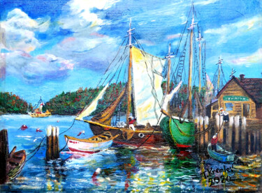 Peinture intitulée "Fisherman's Wharf" par Tatiana Kremlev (Chvetsova), Œuvre d'art originale, Huile Monté sur Autre panneau…