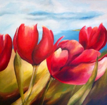 Painting titled "Red Tulips" by Patricia Matser, Original Artwork, Acrylic Mounted on Wood Panel