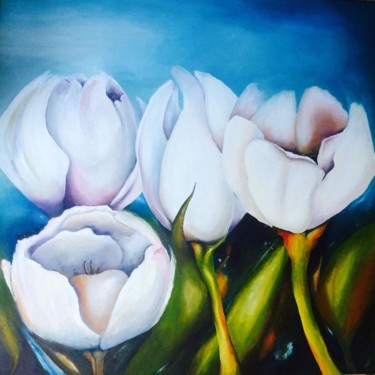 Painting titled "witte tulpen" by Patricia Matser, Original Artwork, Acrylic Mounted on Wood Panel