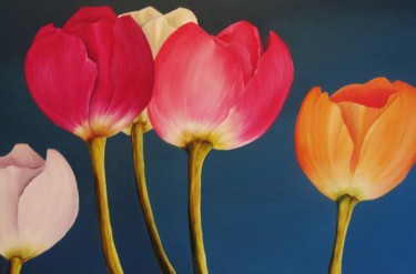 Schilderij getiteld "Gekleurde Tulpen" door Patricia Matser, Origineel Kunstwerk, Acryl Gemonteerd op Houten paneel