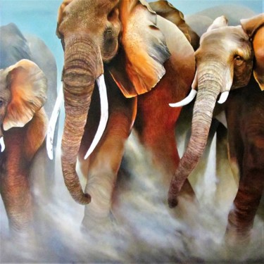 Painting titled "kudde olifanten" by Patricia Matser, Original Artwork, Acrylic Mounted on Wood Panel