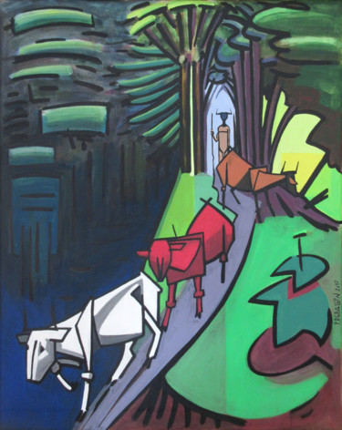 Pittura intitolato ""Vaches descendant.…" da Patou Deballon, Opera d'arte originale, Acrilico