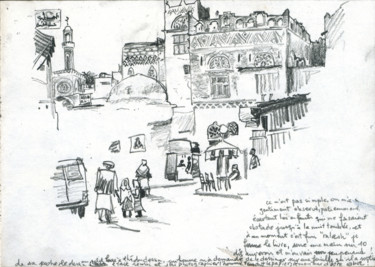 Tekening getiteld "Yemen, Sanaa 1" door Patou Deballon, Origineel Kunstwerk, Conté