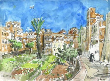 Painting titled "Yemen, Sanaa 2" by Patou Deballon, Original Artwork, Watercolor