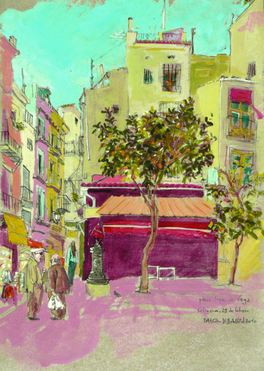 Painting titled "Valencia, pl. Lope…" by Patou Deballon, Original Artwork, Acrylic