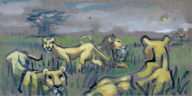 Painting titled ""Lions" - leones" by Patou Deballon, Original Artwork, Gouache