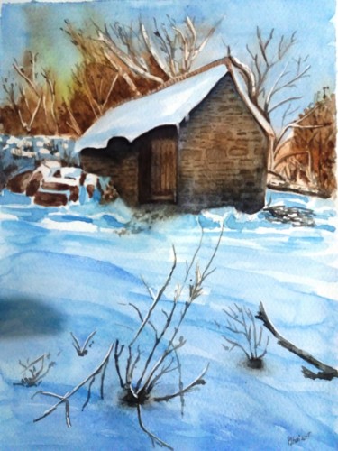Peinture intitulée "Cabane sous la neige" par Patoupaint, Œuvre d'art originale, Aquarelle
