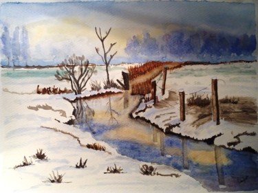 Peinture intitulée "ruisseau enneigé" par Patoupaint, Œuvre d'art originale, Aquarelle