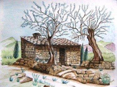 Pintura intitulada "cabane-provencale-e…" por Patoupaint, Obras de arte originais, Aquarela
