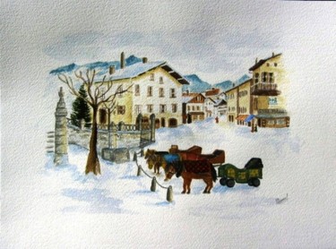 Peinture intitulée "village de Mégève" par Patoupaint, Œuvre d'art originale, Aquarelle