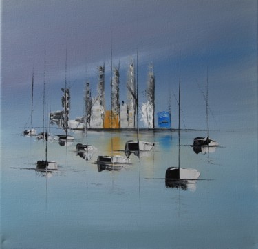 Картина под названием "Sailing ship and ci…" - Patrice Butel, Подлинное произведение искусства, Масло