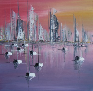 Painting titled "Sea Sun Sail City n…" by Patrice Butel, Original Artwork, Oil
