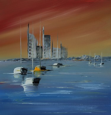 Painting titled "Sea Sun Sail City n…" by Patrice Butel, Original Artwork, Oil
