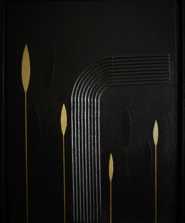 Painting titled "Black & Gold Flammes" by Patrice Butel, Original Artwork, Acrylic Mounted on Cardboard