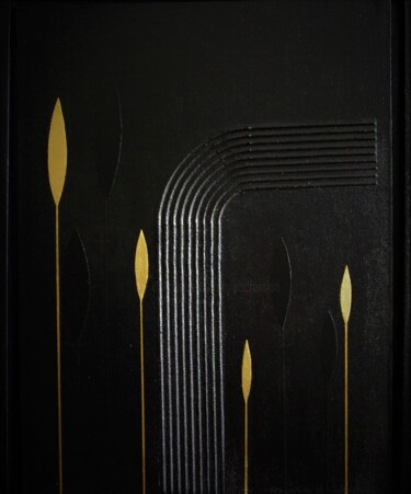 Painting titled "Black & Gold fuseaux" by Patrice Butel, Original Artwork, Acrylic Mounted on Cardboard