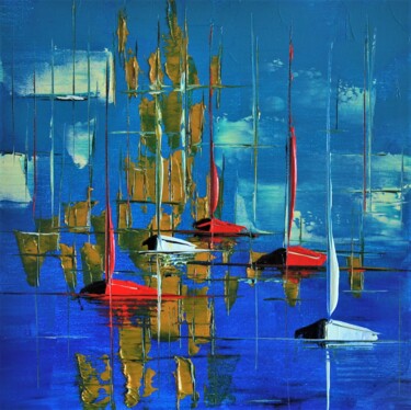 Painting titled "Voiliers n°2302" by Patrice Butel, Original Artwork, Oil Mounted on Wood Stretcher frame