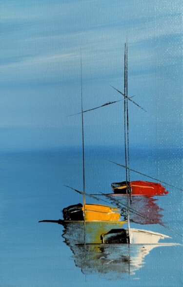 Painting titled "Voiliers n°2328" by Patrice Butel, Original Artwork, Oil Mounted on Wood Stretcher frame